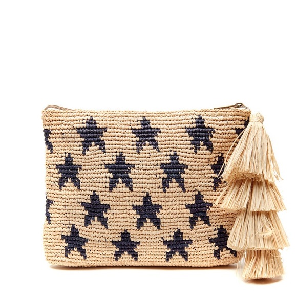 Mar Y Sol NWT Estrella Clutch Crocheted Raffia Bag Navy Star - Picture 1 of 8